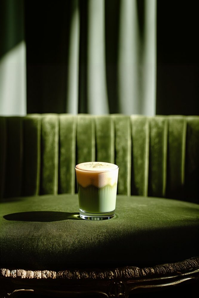 Layered green drink on a velvet seat