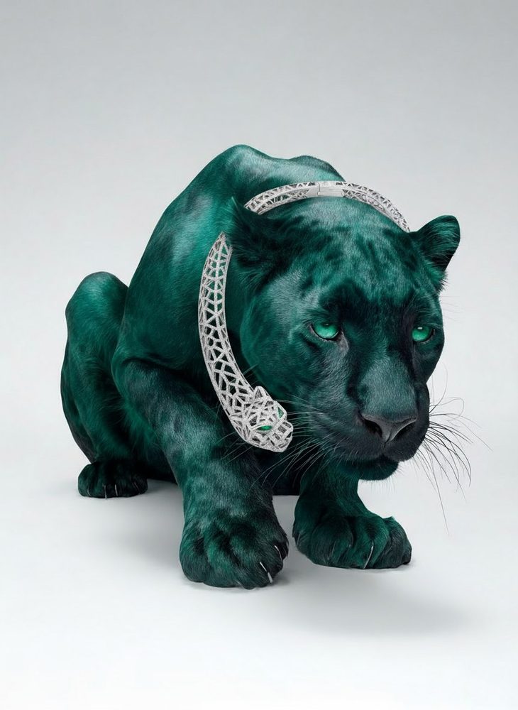 Emerald panther wearing a diamond collar