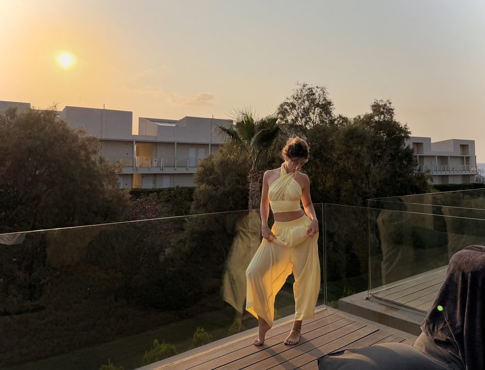 Yellow silk set on a terrace, side view