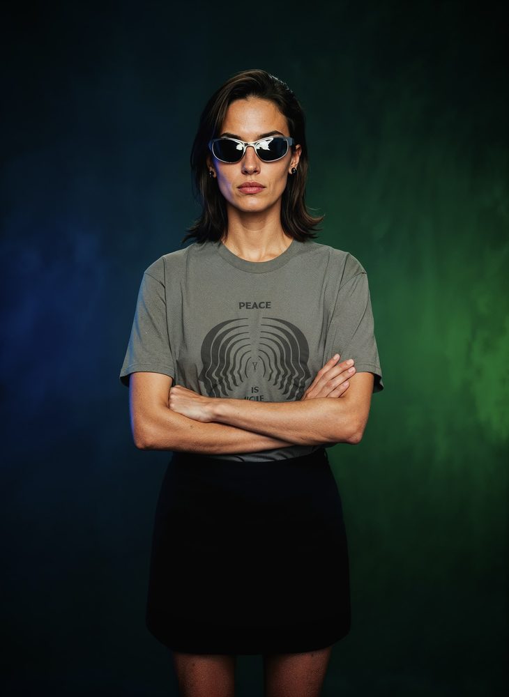 Model in silver sunglasses and a grey T-shirt