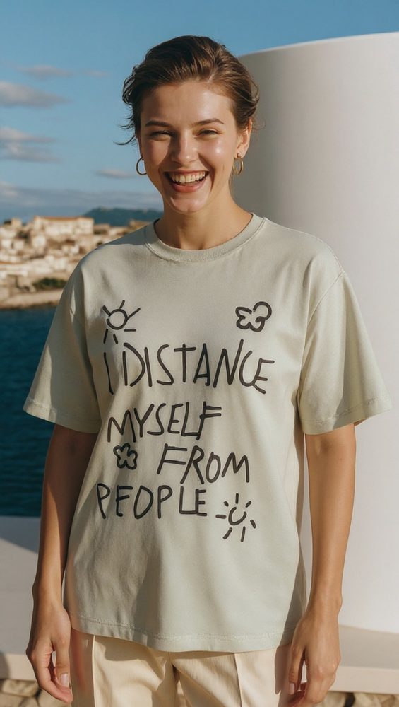 Model in a hand-lettered T-shirt