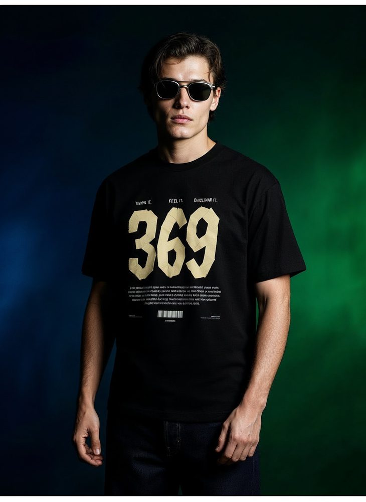 Model in a black 369 T-shirt