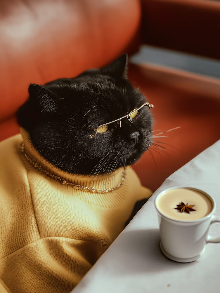 Black cat in gold sunglasses beside a coffee