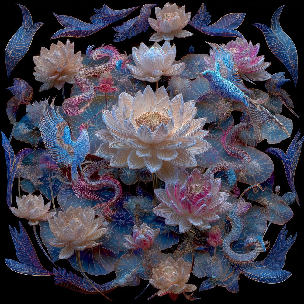 Pale lotuses and birds on black