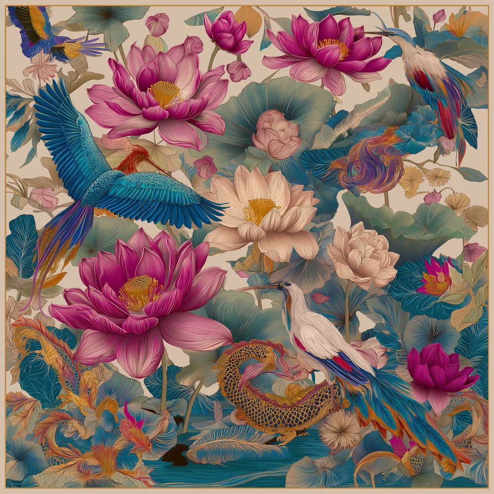 Lotuses, birds and a dragon on cream