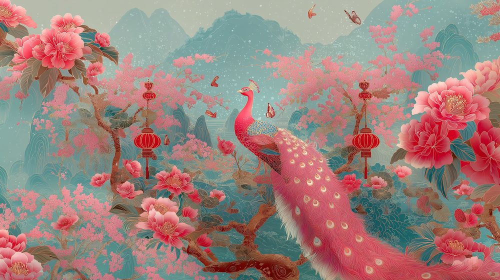 Peacock among blossom trees