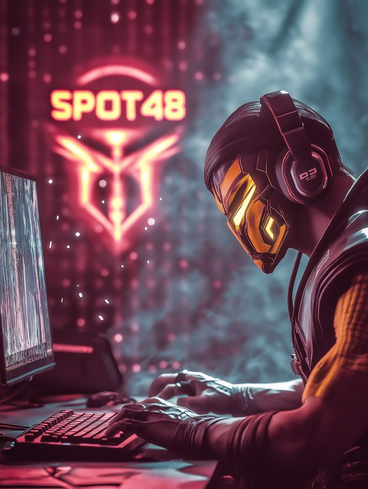 Masked gamer at a keyboard under a Spot48 sign