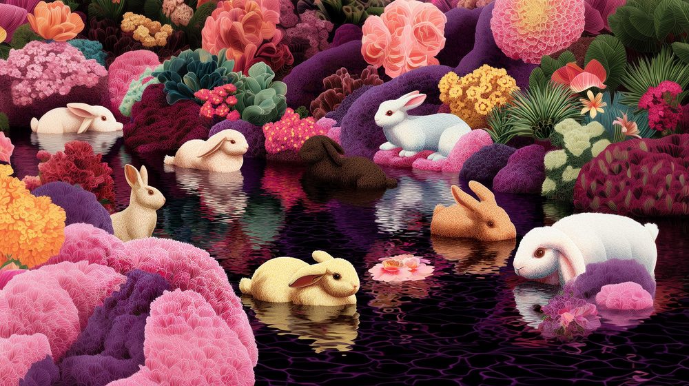 Rabbits in a garden of flowers