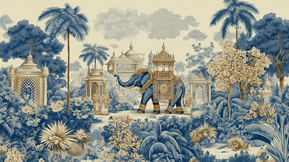 Blue toile with palms and an elephant