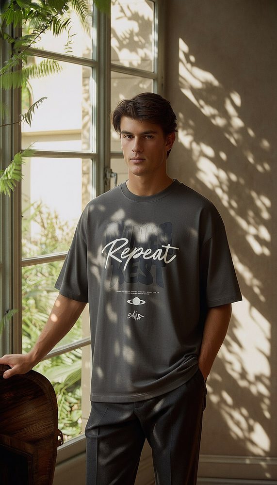 Model by a sunlit window in a grey T-shirt