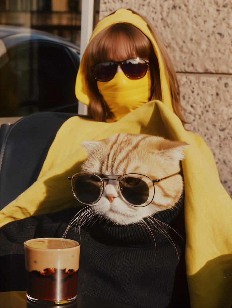 Cat in sunglasses with a person in a yellow hoodie